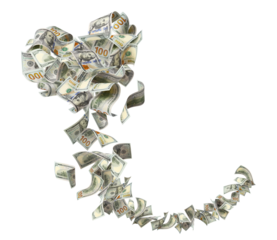 Flying hundred dollar bills forming heart shape in air, isolated on transparent cutout background