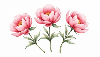 Obraz premium Three delicate pink peonies with green stems, leaves stand against plain white background. Hand painted floral art evokes sense of gentle beauty, spring freshness. Suitable for designs celebrating