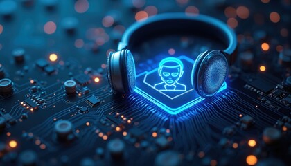 Headphones on circuit board with glowing neon human icon. Digital interface represents AI customer support. Virtual agent provides tech assistance on screen. Network connection for online help.