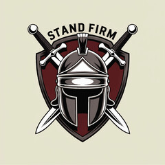 Stand Firm Roman warrior helmet emblem with crossed swords and shield, bold vintage vector illustration for logo, mascot and apparel