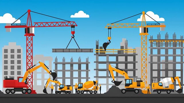 Construction Site with Cranes and Excavators in a Cityscape
