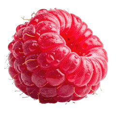 A vibrant, close-up studio shot of a fresh raspberry covered in glistening water droplets against a stark black background.