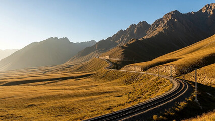 Railway tracks crossing mountains and plains, connectivity challenge concept.