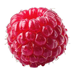 A detailed close-up macro shot of a fresh, dewy raspberry isolated on black.