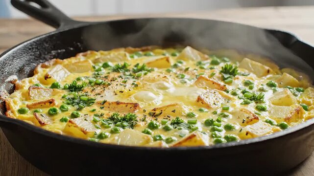 Delicious Frittata with Potatoes and Peas in a Cast Iron Skillet.