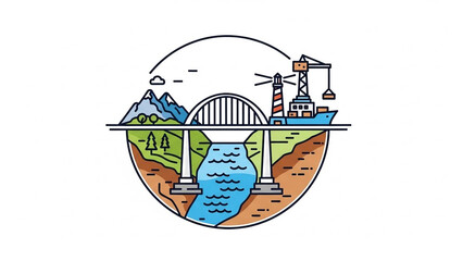 Bridge icon connecting inland landmass to coastal trade symbols.