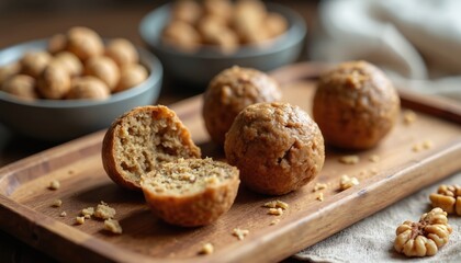 Homemade energy balls with walnuts and oats are served on a wooden tray. These sweet protein snacks offer a healthy vegan treat. They look delicious and are easy to make at home.