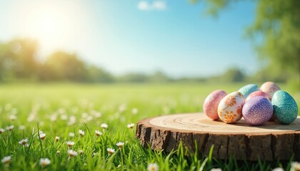 Colorful painted easter eggs rest on wooden log slice outdoors on green grass. Sunny spring day with clear blue sky and soft focus background. Traditional holiday decor.