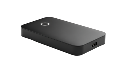 Black Portable Wireless Power Bank with Circular Indicator Light on White Background