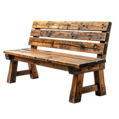 A rustic, heavy-duty wooden bench with weathered planks isolated on a black background.