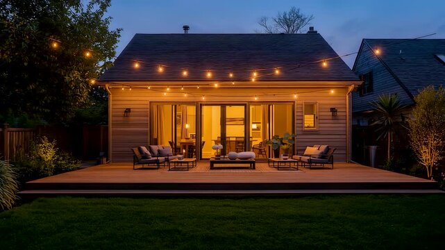 Cozy backyard patio with string lights glowing around modern wooden deck and lounge seating at twilight