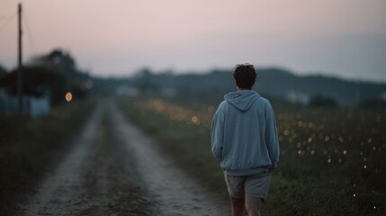 Young man walking on a dirt road. he is wearing a grey hoodie and shorts and is facing away from the camera. the road is surrounded by greenery on both sides and there are hills in the background.