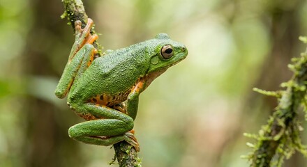 Obraz premium A green tree frog perches on a mossy branch in a natural forest setting. The side view highlights its textured green skin, orange accents, and expressive eyes against a soft green bokeh background