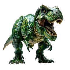 A highly detailed, fierce-looking green Tyrannosaurus Rex figure against a black background.