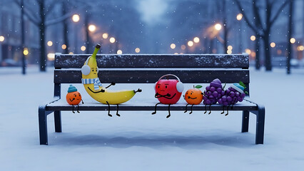 Anthropomorphic fruit characters sitting on snowy park bench