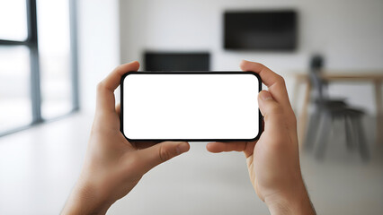 Hand holding mobile phone with blank white screen mockup in horizontal landscape position for app design presentation digital marketing advertising in modern blurred interior home office
