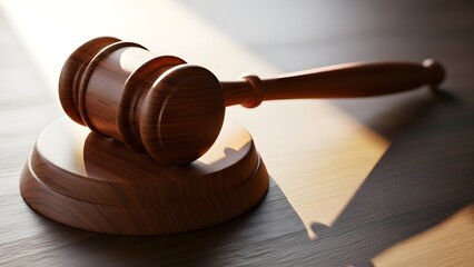 Close up of a finely crafted wooden judge gavel resting upon its sounding block creating dramatic shadows under bright directional sunlight illumination