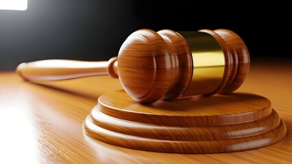 Close up on a highly polished wooden judge's gavel resting upon its matching round sounding block with a gold accent band emphasizing justice.