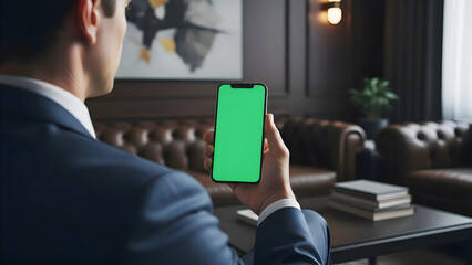 Hand holding mobile phone with green screen chroma key mockup in vertical portrait position held by businessman in luxury executive office interior for app design presentation marketing

