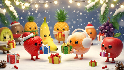 A group of cute anthropomorphic fruits celebrating christmas in a snowy scene with gifts and festive lights