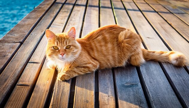 ginger cat on a wooden deck