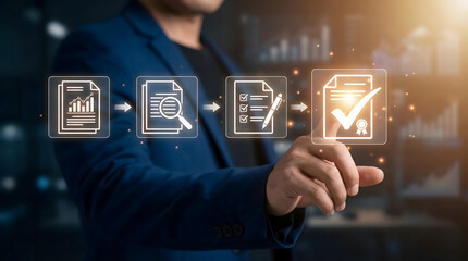 Business person managing digital workflow on futuristic screen,automation of business processes and documentation,concept of quality assurance and standardized operations system