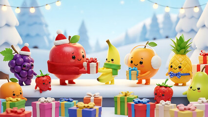 Cute fruits wearing christmas hats and scarves exchange gifts in snowy forest