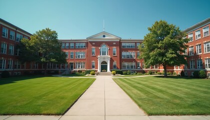 Classic brick school building exterior with manicured lawns under clear blue sky. Wide walkway leads to main entrance with symmetrical landscaping. Offers sense of established academic institution.