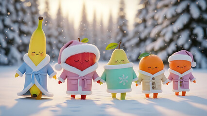 Happy fruits wearing bathrobes and sleeping hats in winter landscape