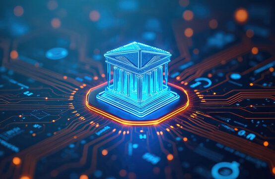 Digital bank icon rests on circuit board with neon glow. Futuristic finance concept. Secure online payments and data transactions. AI network system. - Powered by Adobe