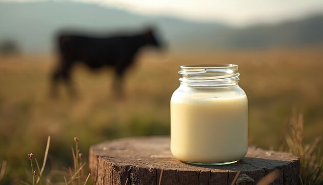 Creamy white beef tallow in glass jar rests on rustic wood stump. Blurred dark cow grazes on grassy meadow with distant hills. Natural food product.