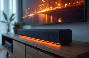 Modern soundbar with orange LED lighting sits on wood TV stand below large screen. Entertainment center setup with electronics and plants in room.