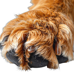 Extreme close-up of a golden-furred dog's paw pads and claws against a black background.