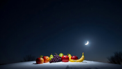 A charming group of animated fruits with cute faces gather on a snowy hill under a starlit crescent moon night