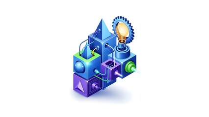 Obraz premium A colorful 3D illustration of a creative mechanical structure with a lightbulb