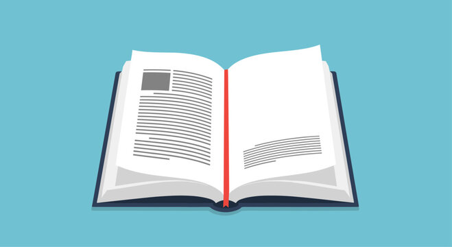 Open hardcover book with white pages a red bookmark and grey text blocks isolated on a solid teal blue background for education themes.