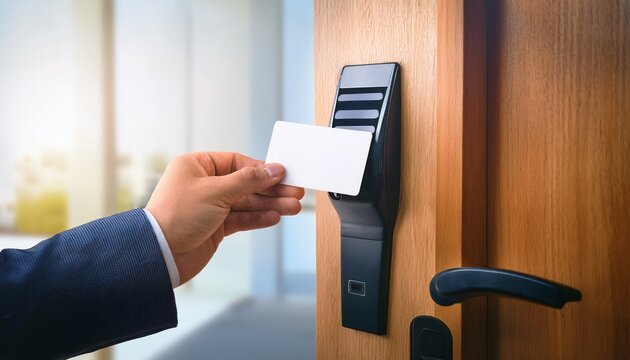 a hand holds a blank card in front of a door with a card reader electronic access control concept