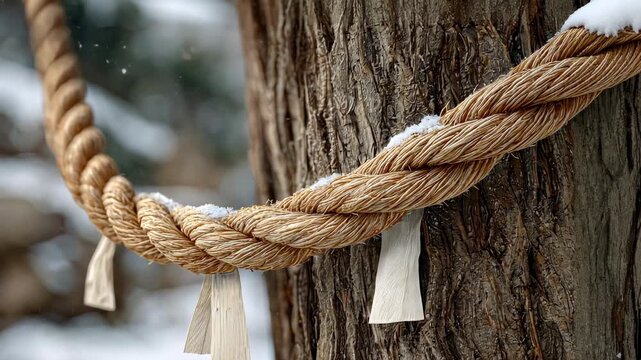 Closeup of snowdusted rope tied around a wooden post in winter scenery
