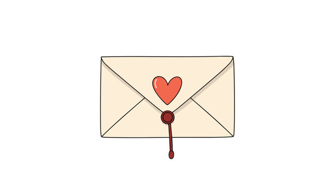 Vintage style envelope sealed with a red heart and a wax stamp hanging from a string isolated on a white background for romance.