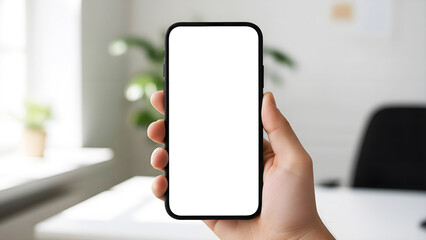 Hand holding mobile phone mockup blank white screen vertical portrait in blurred bright office for app design presentation digital marketing social media advertising display tech
