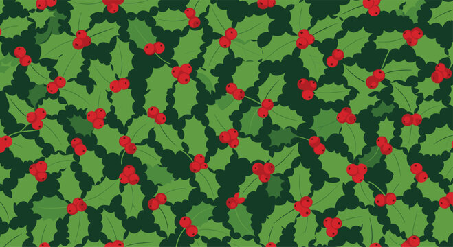 Traditional christmas pattern of green holly leaves and clusters of bright red berries creating a dense and festive winter design.