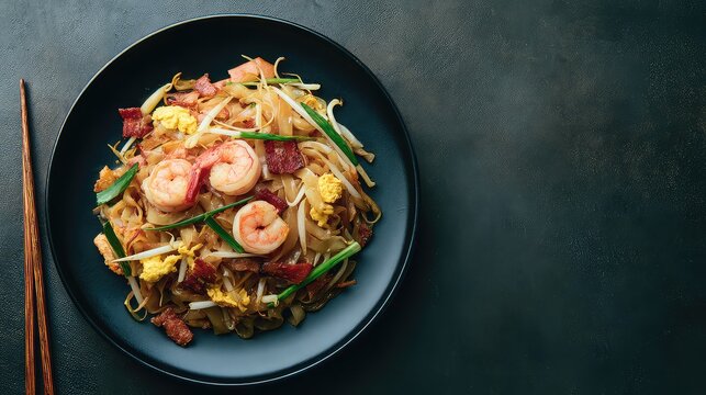 har kway teow, stir-fried flat rice noodles with prawns, chicken slices, eggs, bean sprouts, and chives, texture with light char, modern Southeast Asian dining presentation