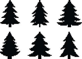Obraz premium Set of six black pixelated Christmas tree silhouettes vector illustrations, featuring various evergreen conifer shapes with jagged edges, ideal for winter holiday designs, festive backgrounds