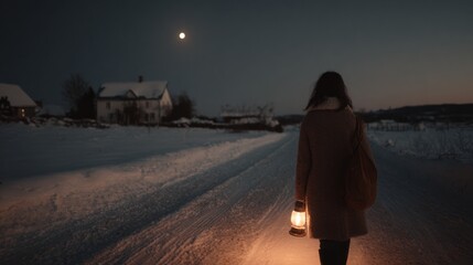 Person walking on a snowy road at night. the person is wearing a long coat and carrying a lantern in their hand. the sky is dark and the moon is partially visible in the top right corner of the image.