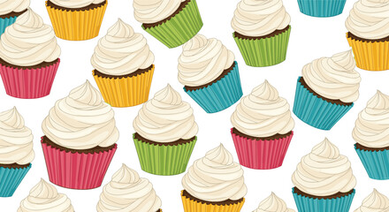 Delicious cupcakes pattern featuring white creamy frosting and vibrant colorful wrappers on a plain white background for bakery and party designs.