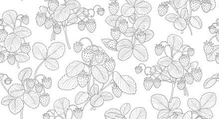Intricate seamless pattern showing strawberry plants with leaves and berries in a detailed line art style on a white background.