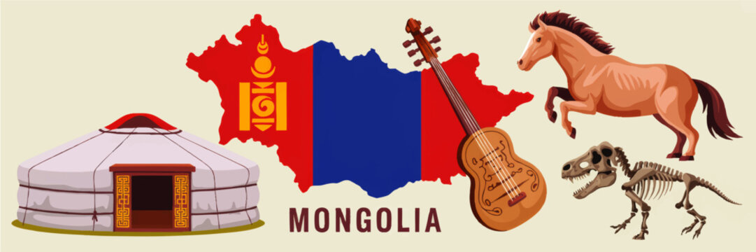 Mongolia culture illustration with flag map, traditional yurt, horse, morin khuur musical instrument and dinosaur skeleton