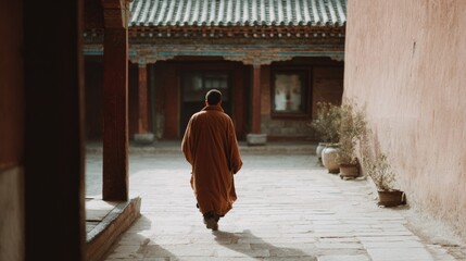 Monk walking down a narrow alleyway in a traditional chinese temple. the alleyway is made of stone tiles and is lined with potted plants on either side.