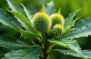 Prickly green seed pods of a wild plant grow on a leafy stem. Several round buds feature sharp spines. The botanical nature is highlighted with soft focus background blur.