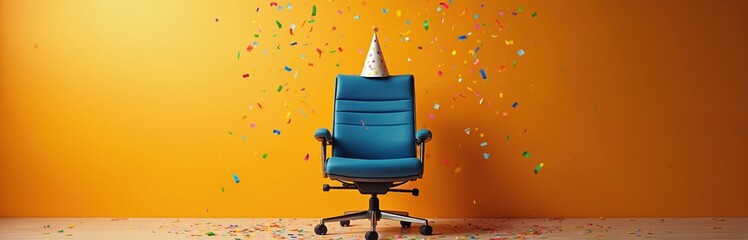 Blue office chair wears party hat as confetti falls. Solo celebration for workplace success, promotion, or startup milestone. Fun conceptual image for business.